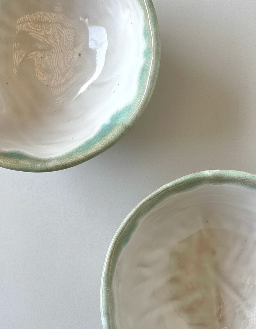 Pocillo de cerámica gres blanca con borde turquesa hecho a mano