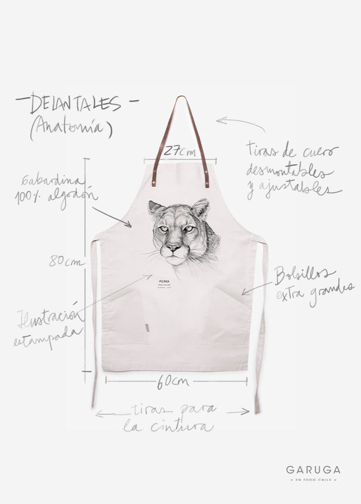 Delantal de Algodón con Ilustración de Fauna Chilena y Tirantes de Cuero - Veta Indómita