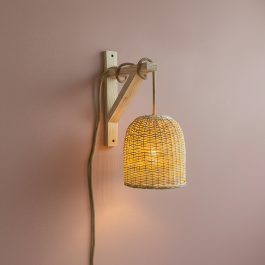 Lámpara Campana Tejida Natural 22x22 con Soporte de Madera
