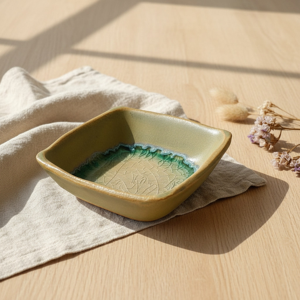Pocillo Cuadrado de Cerámica Gres con Vidriado Verde Hecho a Mano