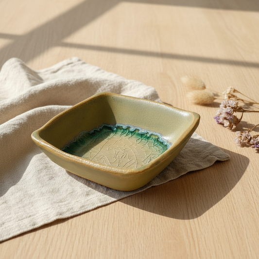 Pocillo Cuadrado de Cerámica Gres con Vidriado Verde Hecho a Mano