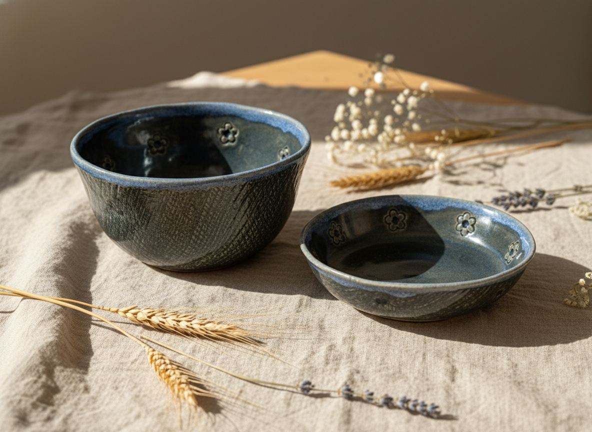 Dúo de Pocillos de Cerámica Gres Gris Borde Azul Hechos a Mano
