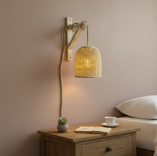 Lámpara Campana Tejida Natural 22x22 con Soporte de Madera