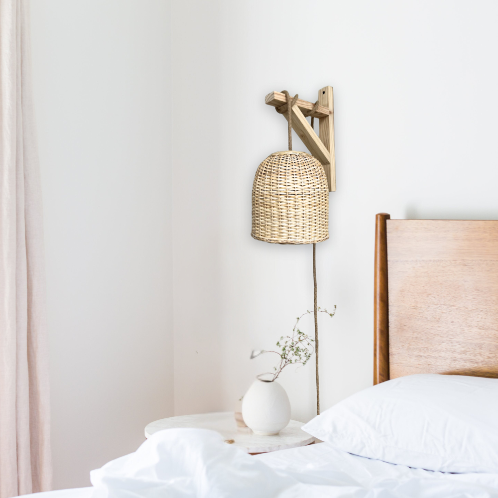 Lámpara Campana Tejida Natural 22x22 con Soporte de Madera - Veta Indómita
