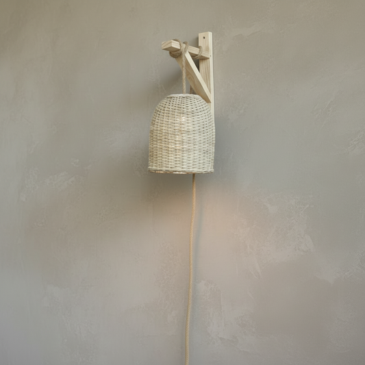 Lámpara Campana Tejida Natural 22x22 con Soporte de Madera