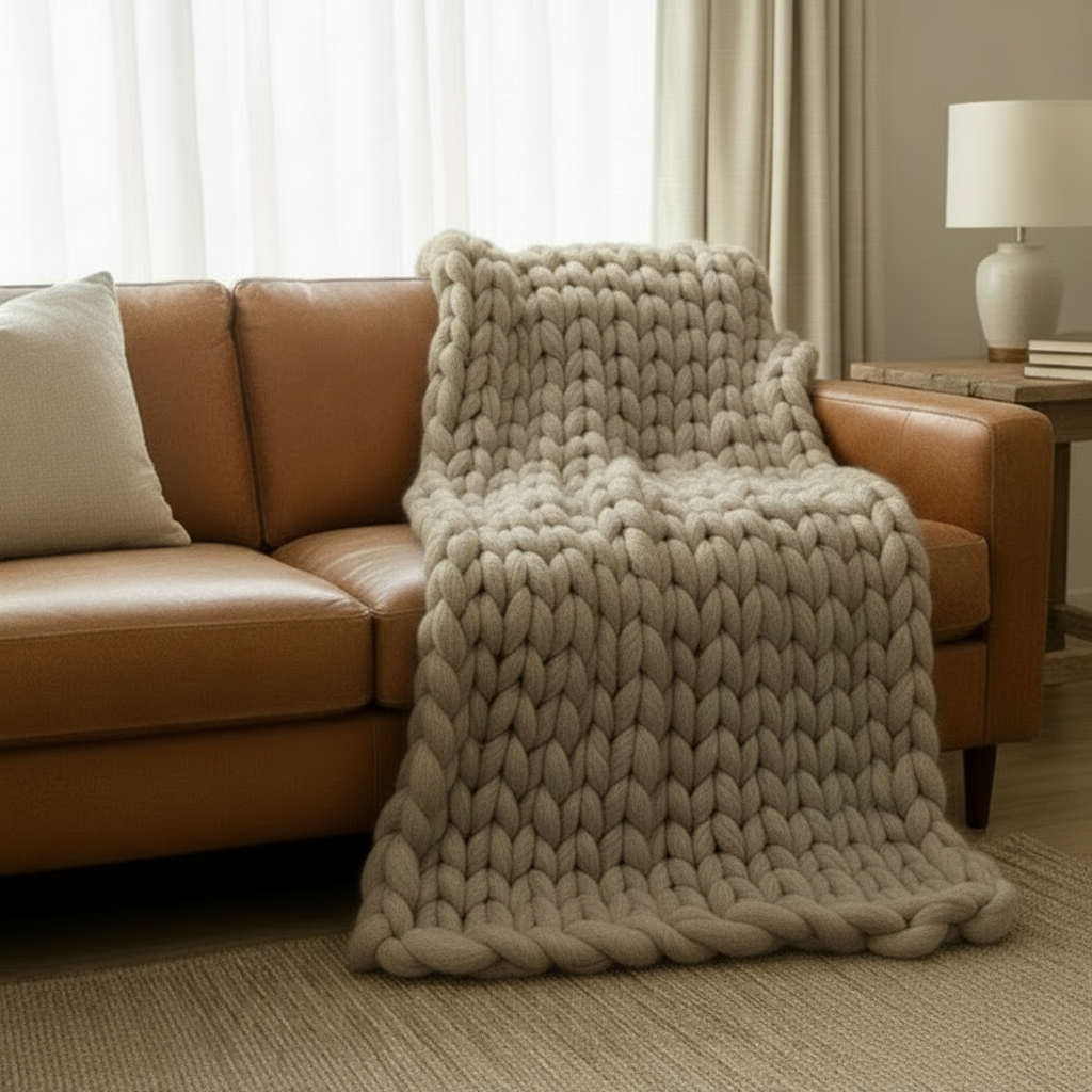 Piecera XXL de Lana Natural Gris – Manta de Invierno Hecha a Mano