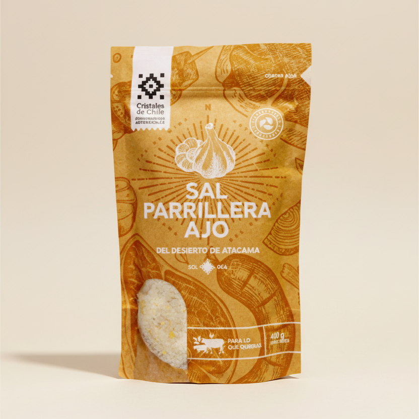 Sal Parrillera Ajo 450 gr. | Sal del Desierto de Atacama.