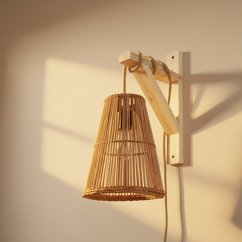 Lámpara Cono de Mimbre 22x25 con Soporte de Madera