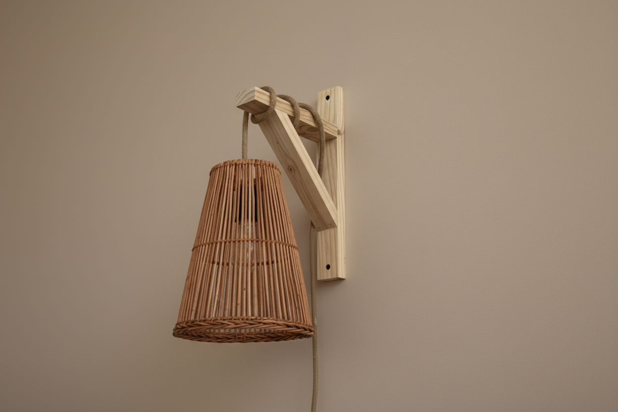 Lámpara Cono de Mimbre 22x25 con Soporte de Madera