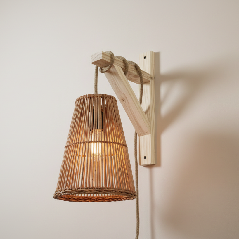 Lámpara Cono de Mimbre 22x25 con Soporte de Madera