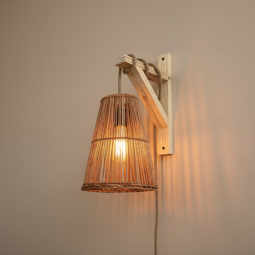 Lámpara Cono de Mimbre 22x25 con Soporte de Madera