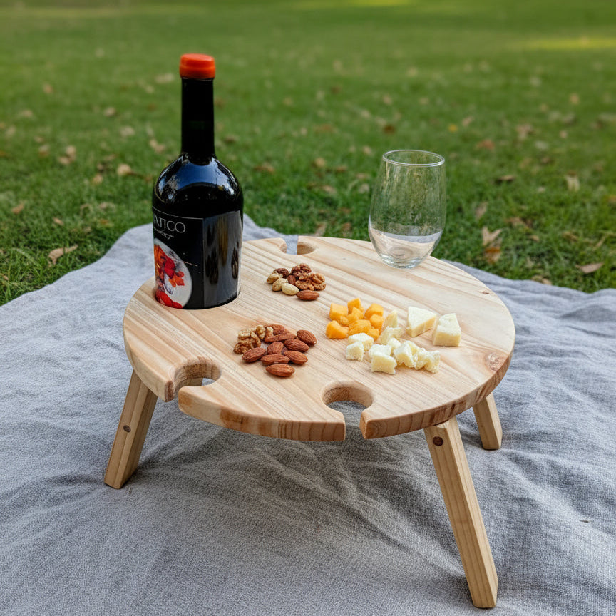 Mesa de Picnic Redonda con Portacopas y Botellero – Madera de Pino Artesanal