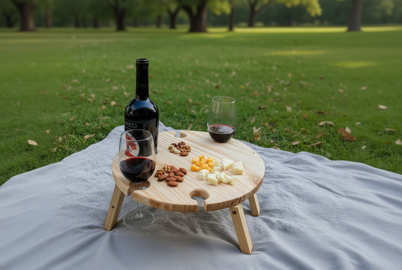 Mesa de Picnic Redonda con Portacopas y Botellero – Madera de Pino Artesanal