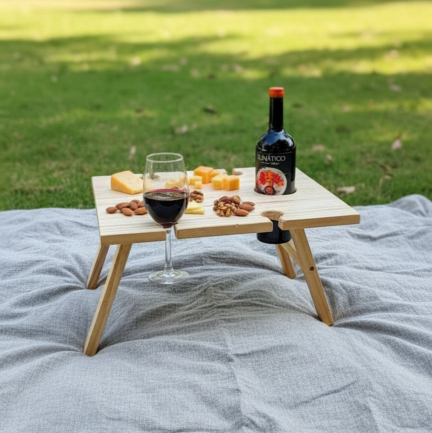 Mesa de Picnic Rectangular con Portacopas y Botellero – Madera de Pino Artesanal
