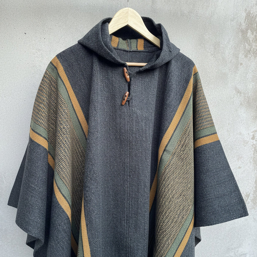 Poncho Chileno de Lana con Alpaca | Líneas tres colores
