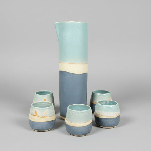 set jarro pisco sour con 5 vasos de cerámica gres 