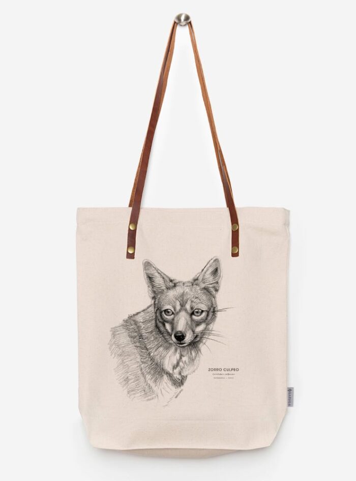 Totebag Ilustración Fauna Chilena Correa de Cuero | Bolso de Algodón Organico.