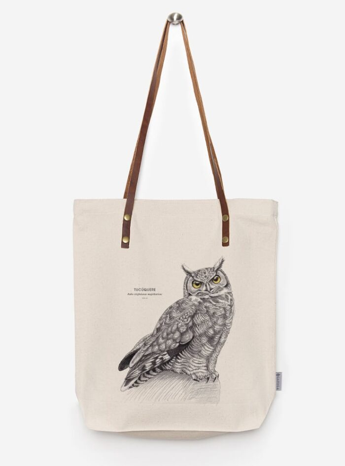 Totebag Ilustración Fauna Chilena Correa de Cuero | Bolso de Algodón Organico.