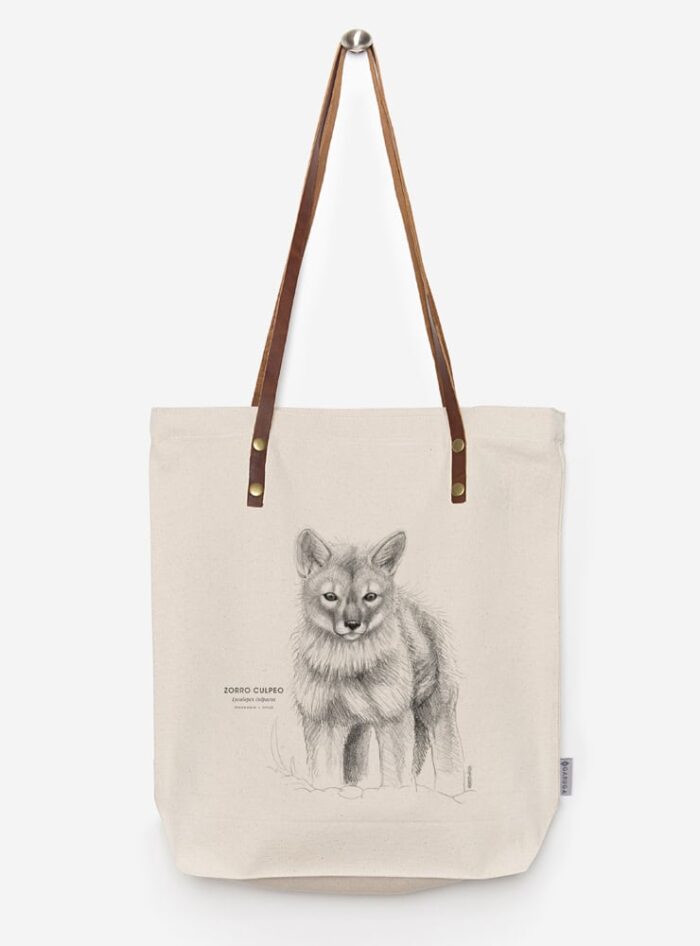 Totebag Ilustración Fauna Chilena Correa de Cuero | Bolso de Algodón Organico.